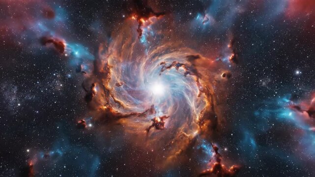 Cosmic supernova explosion featuring a bright luminous core, swirling orange interstellar gas clouds, and dark nebula filaments with a faint blue energy ring in a star-filled universe.