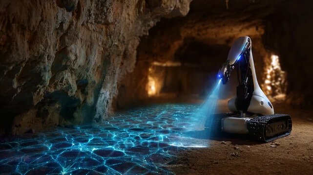 Futuristic Robotic Explorer Uses Advanced Technology to Illuminate Cave Walls with a Laser Projection, Revealing Intricate Patterns on the Ground Below.
