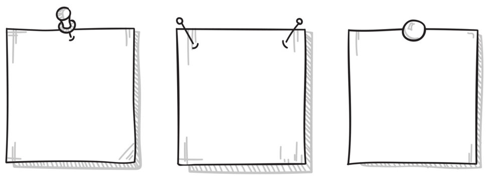 ピンやクリップで留めた手書き風のシンプルなメモ用紙フレーム3種類セットゆるい線画で使いやすいラフスケッチ風テンプレート素材