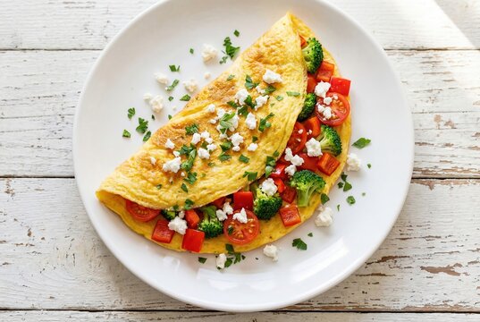 Vibrant folded omelette with fresh broccoli, red bell pepper, cherry tomatoes, crumbled feta, and parsley, on a white plate over rustic white wood. Healthy meal.