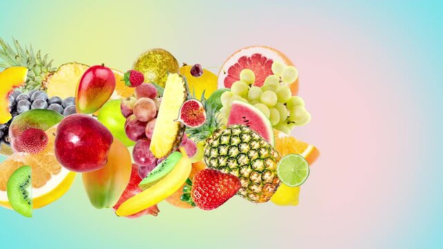 A variety of exotic fruits and berries fly from left to right against a summery, multicolored gradient background. 4K slow motion 3D animation with a speedramp effect. 60 fps.