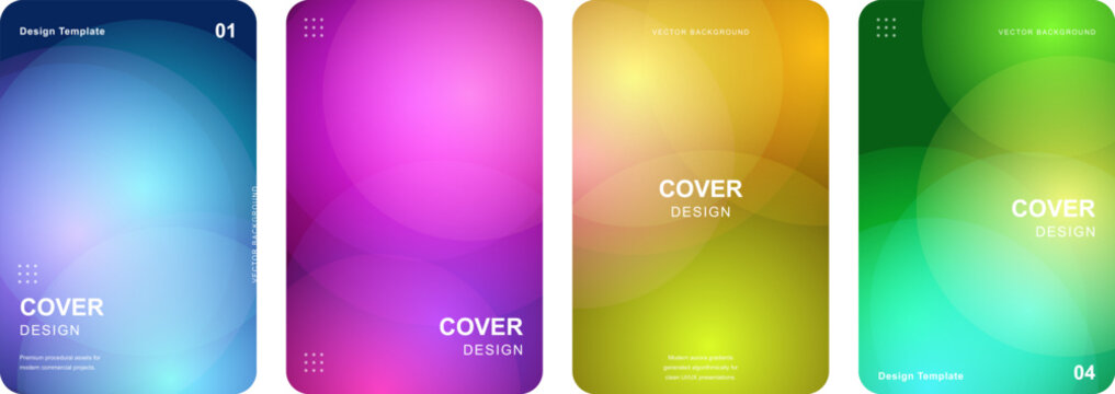 Abstract gradient cover design set with soft bokeh circles, colorful blurred background collection for brochures and flyers, vibrant mesh textures in blue purple yellow and green