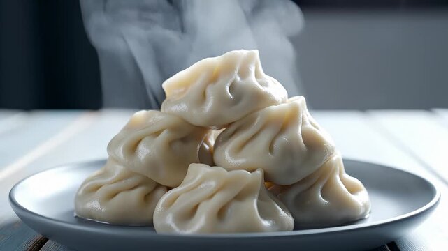 Steaming Hot Dumplings Stacked on a Plate, Close-Up Shot