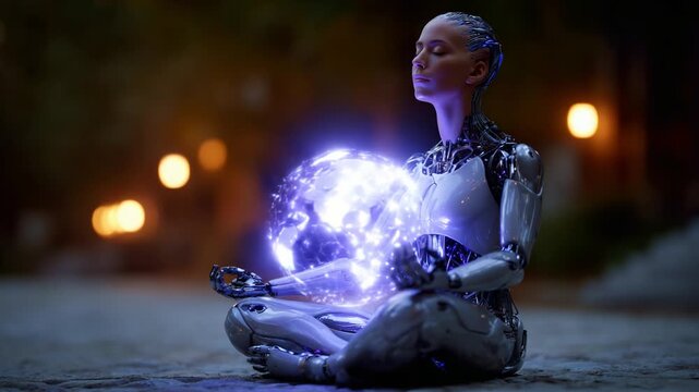 A serene humanoid robot meditating while holding a glowing sphere, emanating intricate energy patterns, showcasing the fusion of technology and tranquility in a peaceful setting.