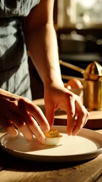 Person places deviled egg on white plate in sunny kitchen. Hands position appetizer egg on serving plate. Chef arranging deviled egg for presentation. Kitchen plating of egg appetizer in sunlight.