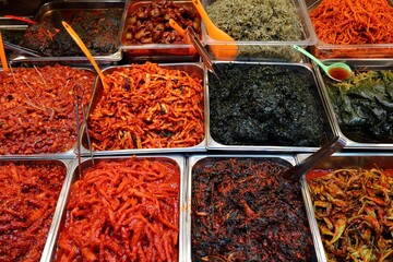 Kimchi varieties - Korean food at traditional Gwangjang Market in Jongno district of Seoul, South...