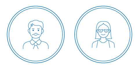 Fototapeta premium Minimal User Profile Icon Set – Man and Woman Avatars in Circle Frame, Clean Outline Symbols for Interface and Infographics