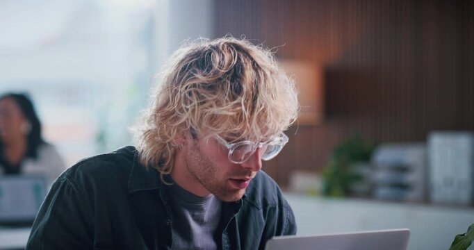 Thinking, glasses or man in office with laptop, draft insight or story feedback for article. Tech, meeting or mature journalist with specs, column planning or research reflection for publication.