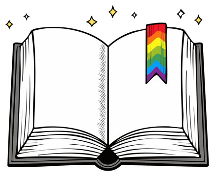 Open book with rainbow bookmark and sparkling stars, reading, knowledge concept.