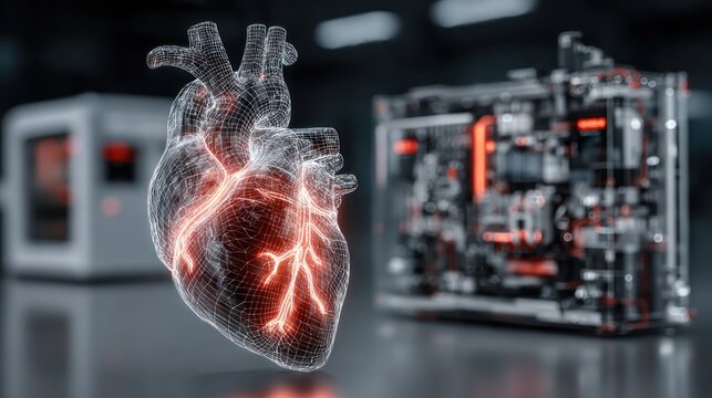 Futuristic digital representation of a glowing human heart with advanced technology in the