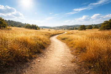 Obraz premium Winding dirt path through golden grass landscape under blue sky