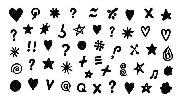 A collection of various black symbols and punctuation marks on a white background