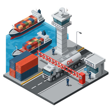 Isometric Shipping Port Scene Illustration Cargo Ship Container Truck Customs Checkpoint Logistics Transportation Industry Vector Graphic Design