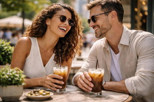 Couple enjoying iced coffee and laughter at outdoor caf&eacute;