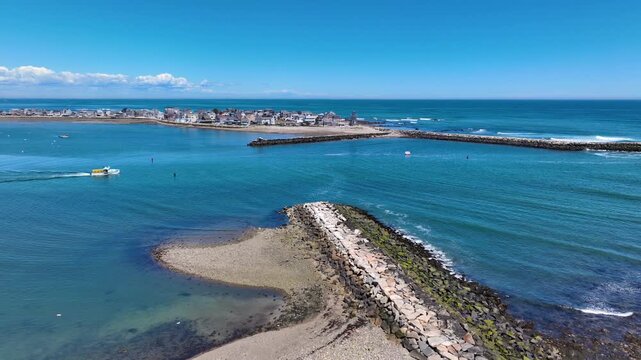 Cedar Point and Scituate Harbor aerial view including Old Scituate Lighthouse in town of Scituate, Massachusetts MA, USA. 