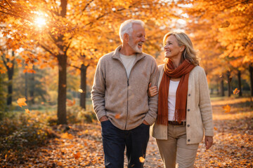 Obraz premium Senior couple walking hand in hand in autumn park