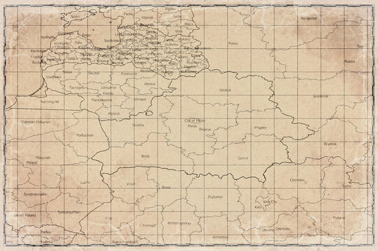 Vintage Map Of Belarus With Regional Boundaries On Retro Paper Background