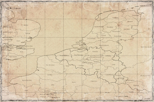 Vintage Map Of Belgium With Regional Boundaries On Retro Paper Background