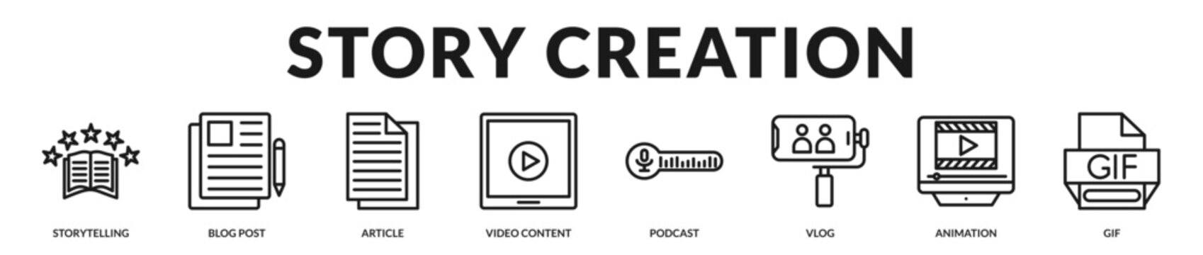 Professional banner presenting multimedia storytelling formats including writing, video, podcasts, animation, and creative narrative production in Lineal Icon Style