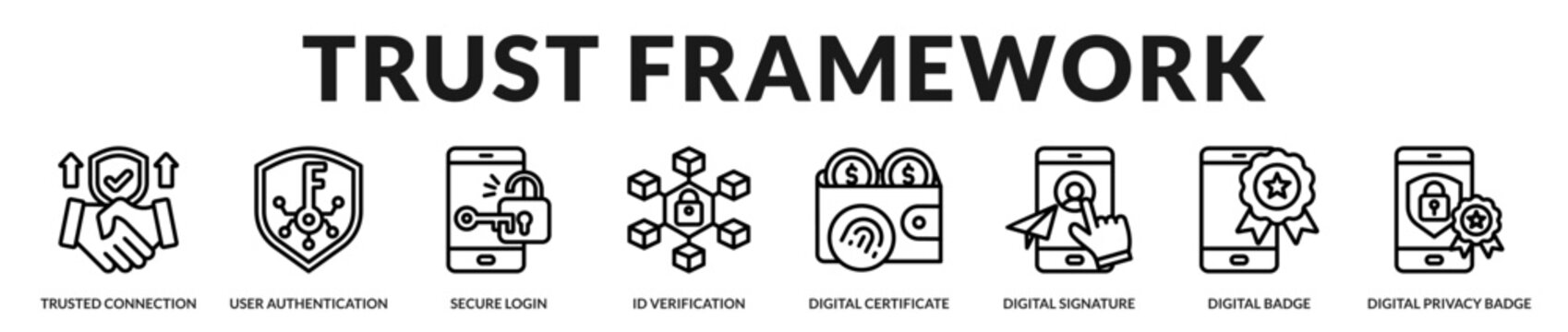 Professional representation of trusted digital verification frameworks used for identity validation, secure credentials, and authenticated online access systems in Lineal Icon Style