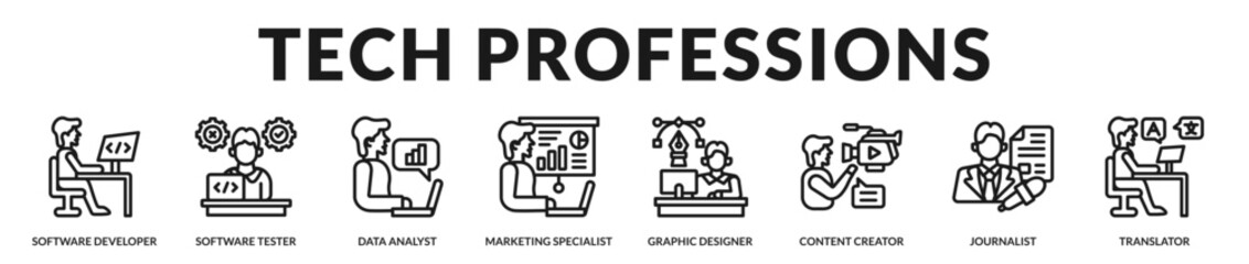 Fototapeta premium Professional banner representing modern technology driven careers in software, analytics, media communication, and digital marketing industries in Lineal Icon Style