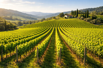 Obraz premium Lush vineyard landscape under the morning sun in rolling hills