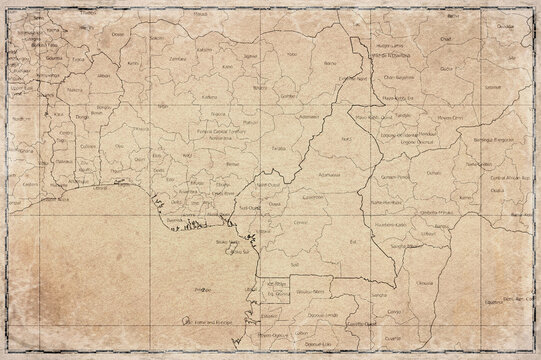 Vintage Map Of Cameroon With Regional Boundaries On Retro Paper Background