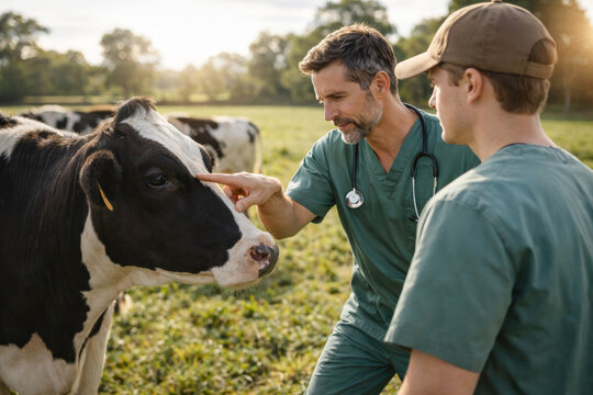 Veterinarian examining a cow with an assistant in the field