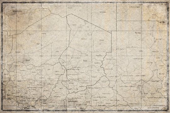Vintage Map Of Chad With Regional Boundaries On Retro Paper Background