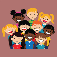 A vibrant and diverse group of smiling children, representing inclusivity, friendship, and the joyful spirit of global childhood community