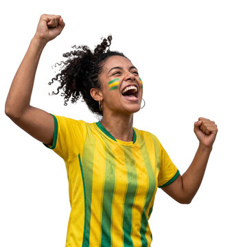 Excited Brazilian woman football fan celebrating goal isolated on white