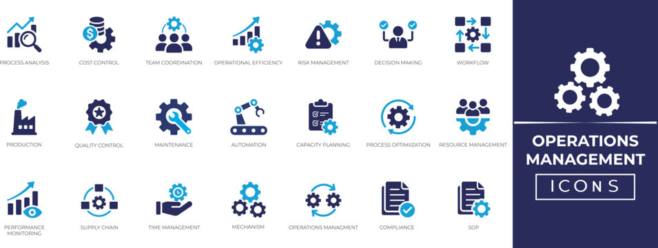 Containing including supply chain,management, optimization, task, maintenance, risk, production and more. Solid vector icon collection. 
