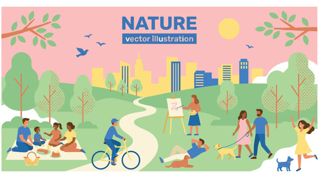 People enjoying nature vector illustration in urban park setting.