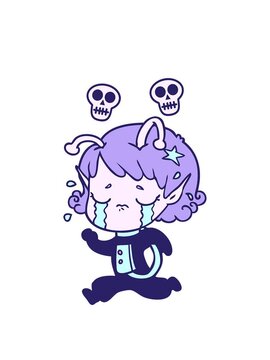 spinning skulls animation of a cartoon crying alien girl