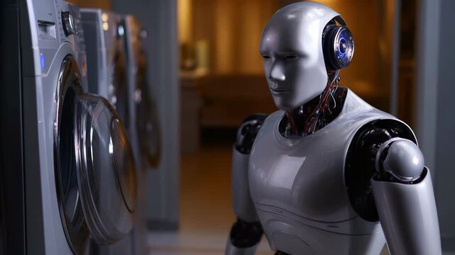 A humanoid robot engaged in laundry tasks, showcasing advanced robotic technology and human-like features in a modern home environment focused on domestic chores.