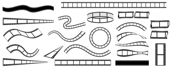 Naklejka na ściany i meble Large collection of filmstrip borders, curves, circles and perspective ribbons, versatile cinema design set for editing layouts, movie titles, multimedia graphics and creative templates. Vector illust