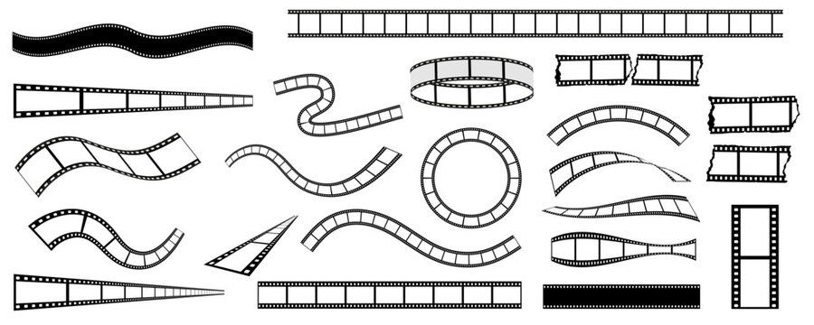 Large collection of filmstrip borders, curves, circles and perspective ribbons, versatile cinema design set for editing layouts, movie titles, multimedia graphics and creative templates. Vector illust
