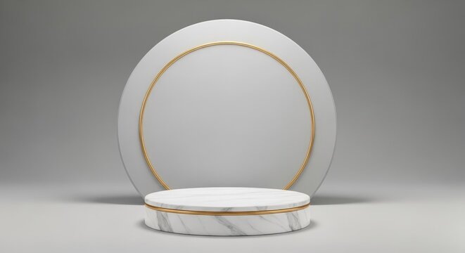 Elegant marble podium with golden accents on gray background for display