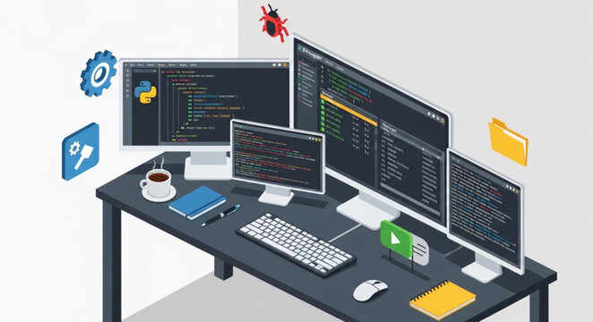 Isometric View of a Programmers Desk with Multiple Monitors and Code.