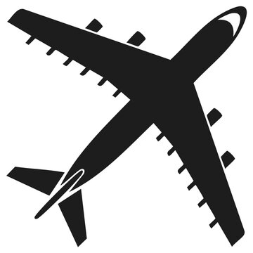 Four-engine passenger jet airplane in flight, top view silhouette vector icon