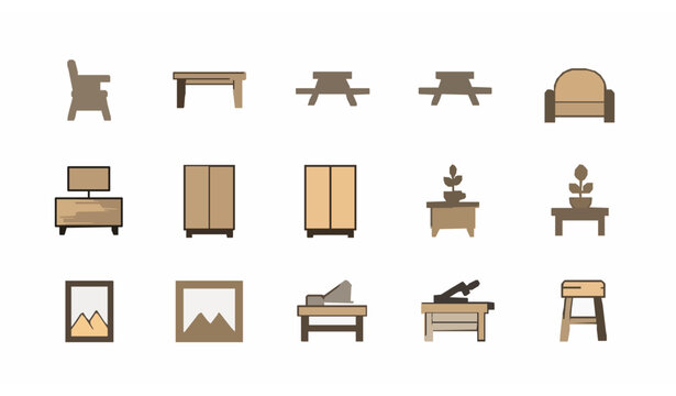 Modern wood furniture line icon pack with high chair dining table wardrobe and carpentry tools vector collection isolated on white background
