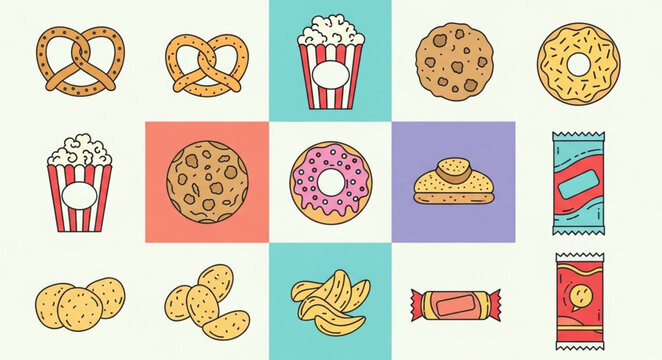 Variety of Unhealthy Snacks - Pretzels, Popcorn, Cookies, Donuts, Chips, and Candy.