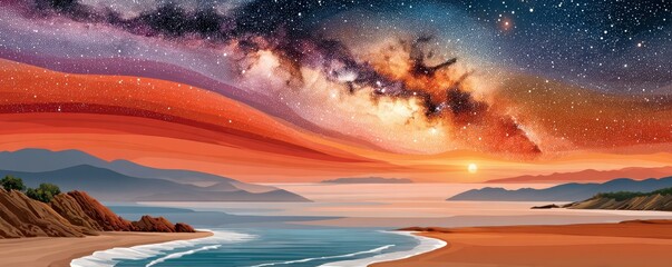 Fototapeta premium Vibrant sunset over a cosmic beach landscape with a starry nebula sky