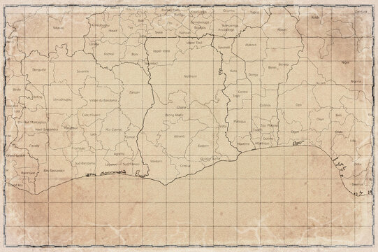 Vintage Map Of Ghana With Regional Boundaries On Retro Paper Background