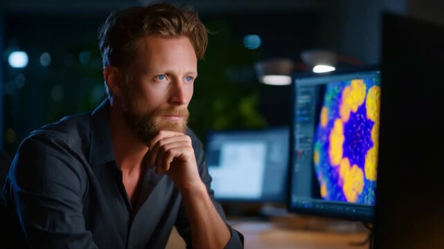 Focused professional engaging in deep thought while analyzing vibrant data visualizations on multiple computer screens in a modern workspace at night