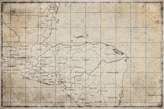 Vintage Map Of Honduras With Department Boundaries On Retro Paper Background
