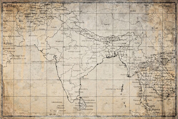 Fototapeta premium Vintage Map Of India With State Boundaries On Retro Paper Background