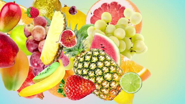 A variety of exotic fruits and berries fly from left to right against a summery, multicolored gradient background. 4K slow motion 3D animation with a speedramp effect. 60 fps.