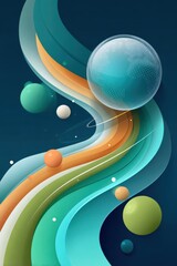 Fototapeta premium Abstract futuristic digital background with flowing ribbons, globe, and floating spheres