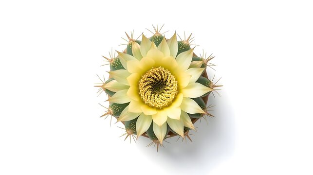 Top-down scientific-style of Parodia cactus blooming on a clean white background